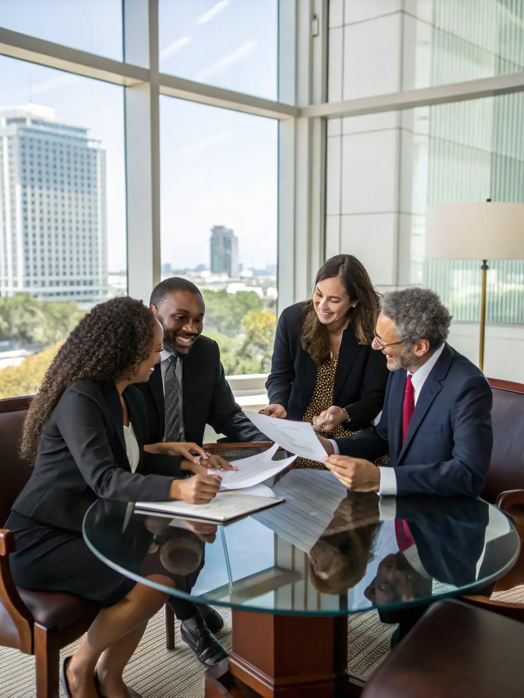 A diverse group of lawyers collaborating on a case using Odri's platform, highlighting the collaborative features and ease of communication.
