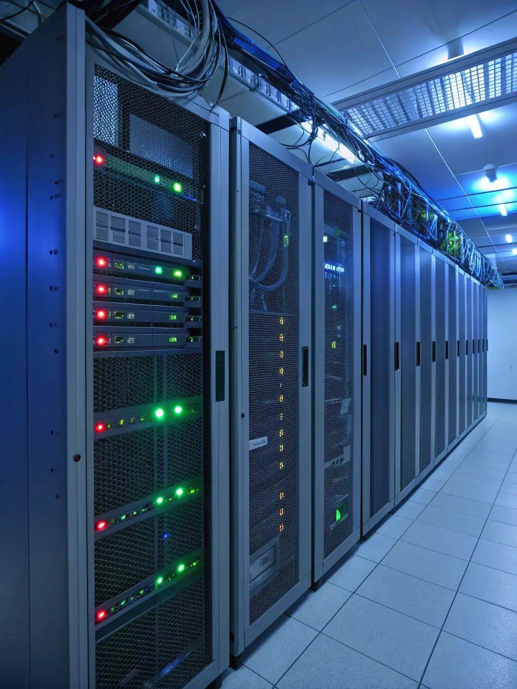 A secure server room with blinking lights, symbolizing the high level of data protection and security provided by Odri's platform.