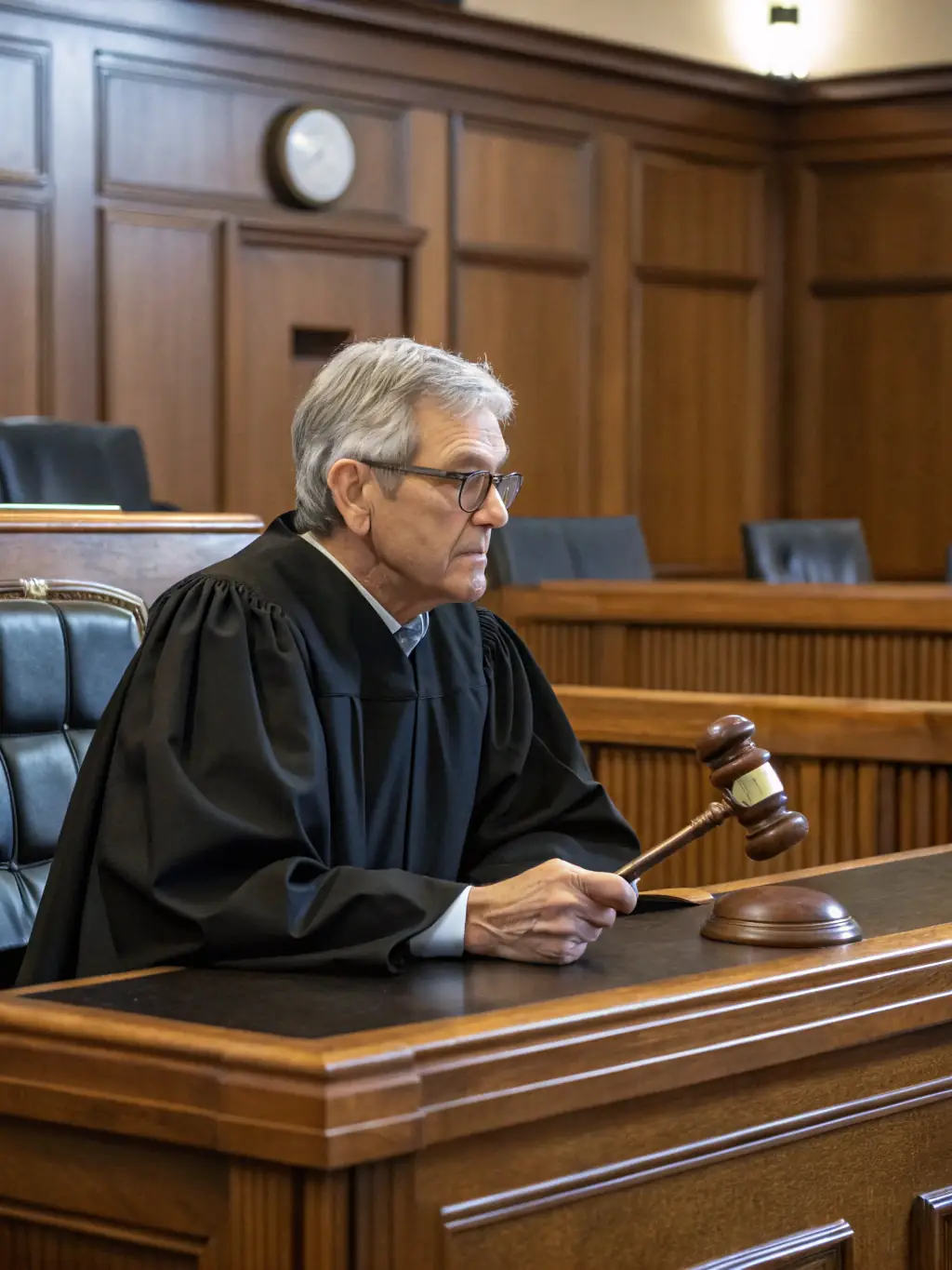 A professional photograph of a judge using a tablet in a courtroom, showcasing the integration of technology in legal proceedings.