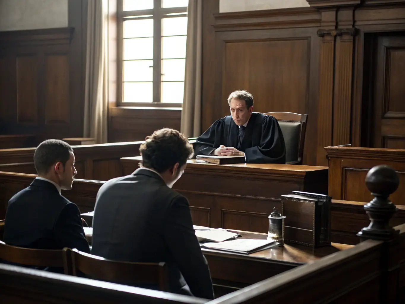 A courtroom scene depicted with digital screens showing Odri's platform being used to facilitate online mediation, emphasizing the efficiency and accessibility of the process.